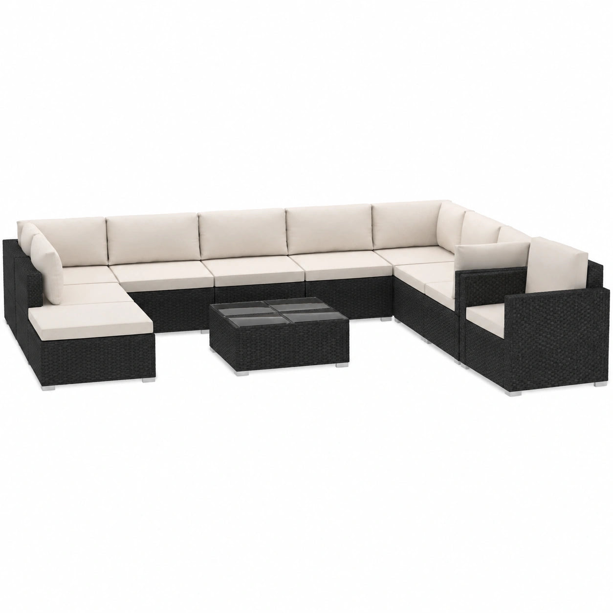 11-teiliges Garten-Lounge-Set aus schwarzem Polyrattan, wetterfest, für Balkon oder Terrasse, 70 cm Modulsofa mit 6 cm Polster