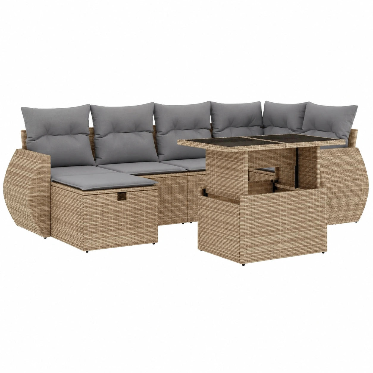 Beige Poly Rattan Gartenset: Verstellbarer Tisch, Sofa & Hocker