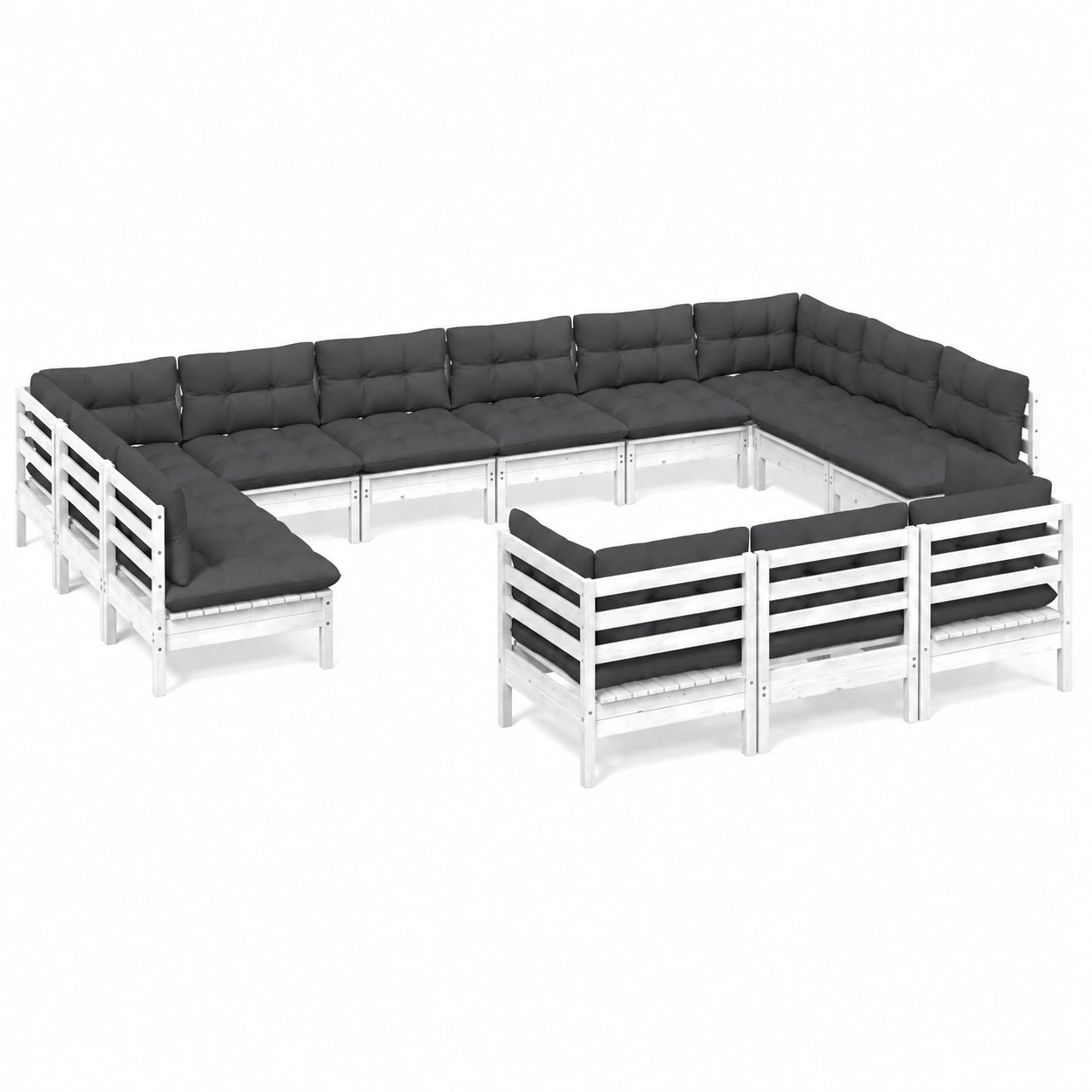 13-teiliges Garten-Lounge-Set aus Kiefernholz mit Kissen, modulare Terrassenmöbel in Weiß/Anthrazit