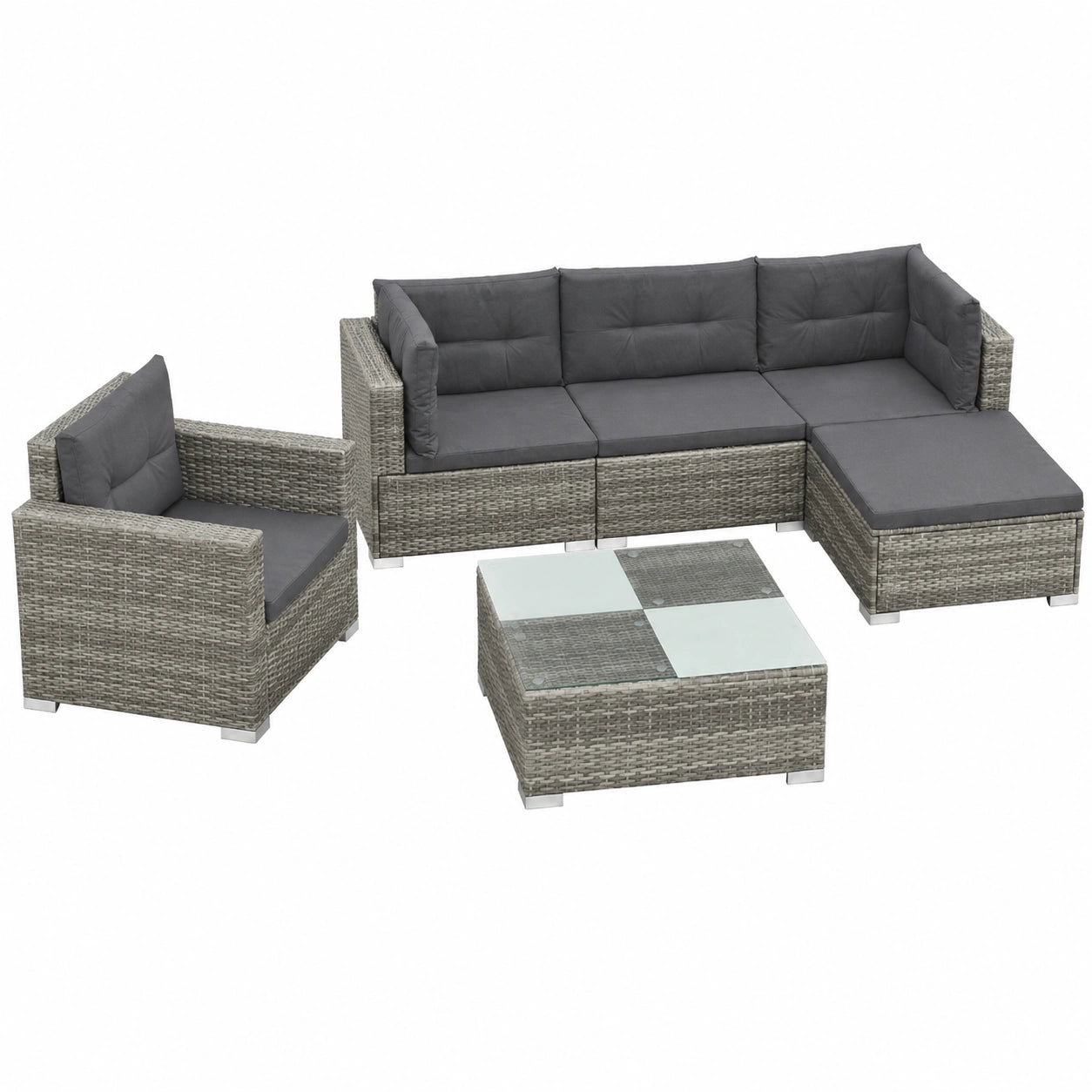 Modulares Rattan-Loungeset Grau, Platzsparend, Robust und Modern, 6-teilig, mit Dunkelgrauen Kissen für Terrasse oder Wintergarten