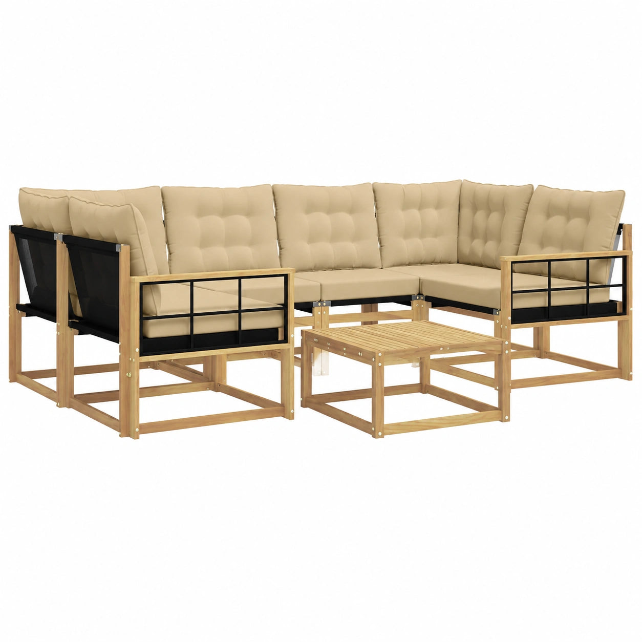 7-teiliges Akazienholz Garten-Lounge-Set, modular mit Sofa und Tisch, Beige-Weiß für Terrasse und Garten