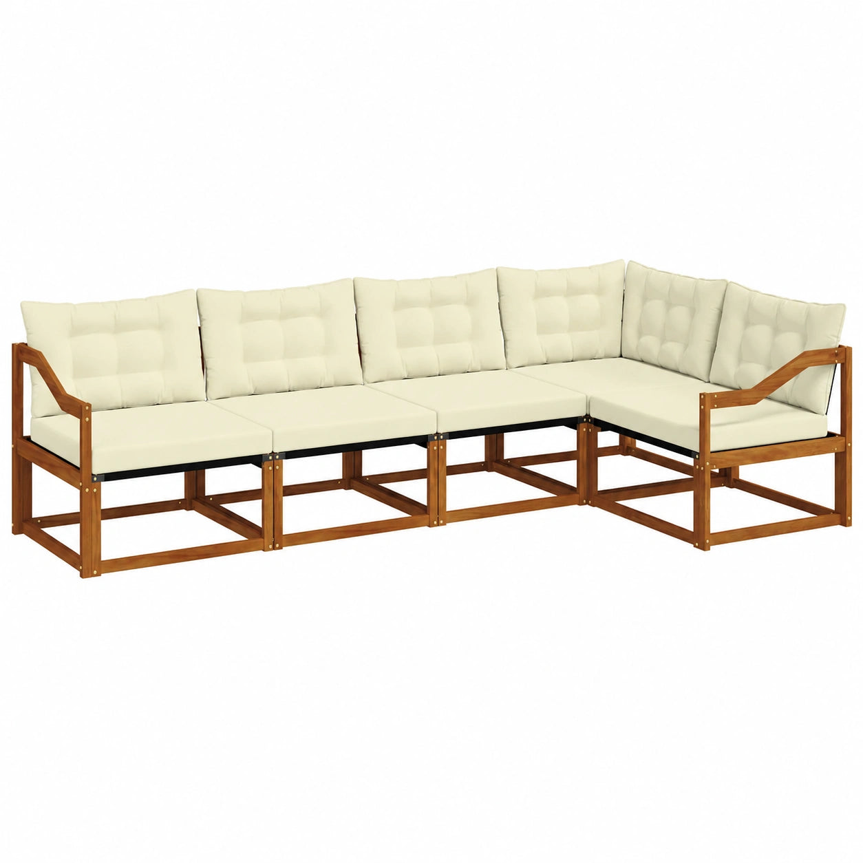 5-teilige Outdoor-Sofagarnitur aus Akazienholz mit Textilene, abnehmbare Kissen, für Garten und Terrasse, Natur und Creme, 325x166,5x73 cm
