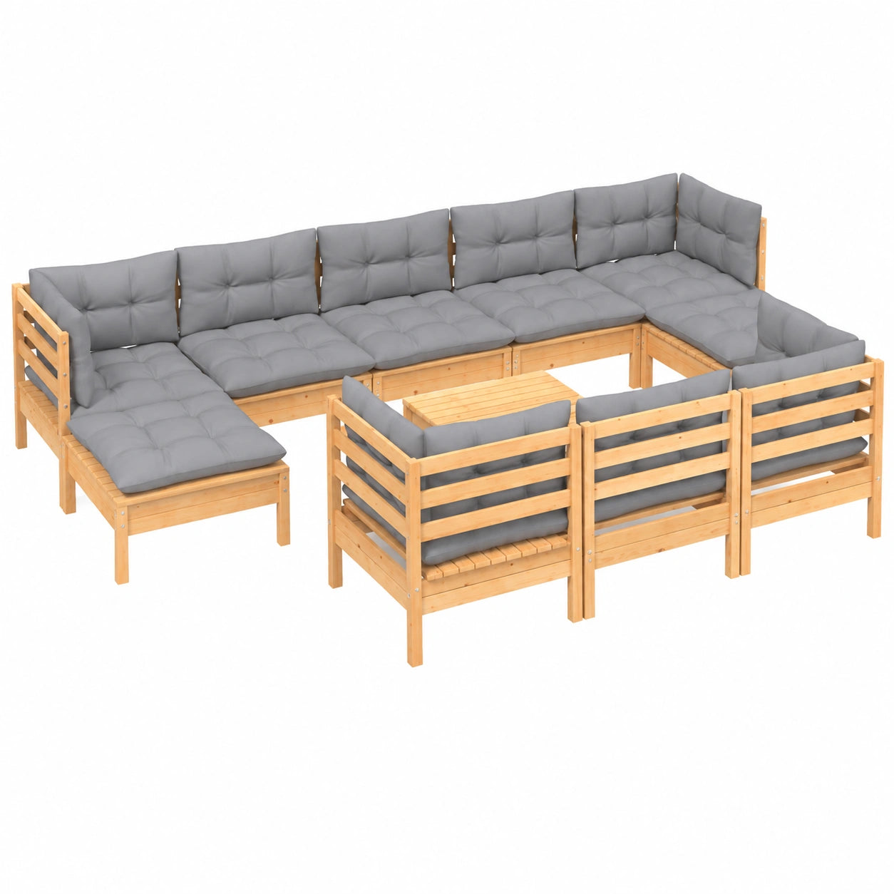 11-teiliges Garten-Lounge-Set aus massivem Kiefernholz mit grauen Polstern, Ecksofa und Tisch, robustes und erweiterbares Design für Terrasse, Balkon und kleine Außenbereiche