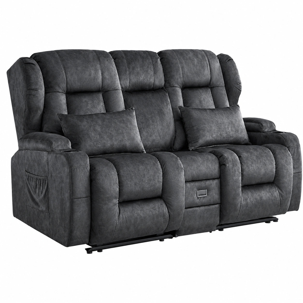Modulares 2-Sitzer Sofa mit Liegefunktion, Heimkino-Komfort mit Getränkehaltern und Stauraum, Grau