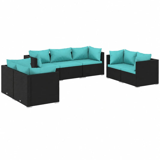 7-teiliges Garten-Lounge-Set aus Poly-Rattan in Schwarz/Blau, 70x70 cm, für Balkon und Terrasse, modern und langlebig