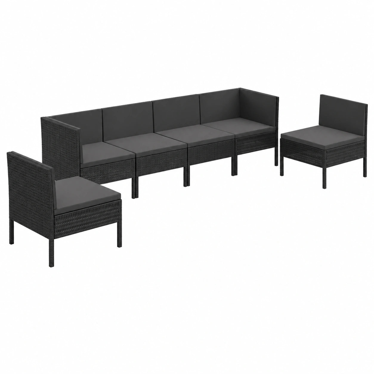 6-teiliges Garten-Lounge-Set aus schwarzem Rattan - Wetterfestes Modulsofa mit robustem Stahlrahmen und abnehmbaren Kissen, ideal für Balkon und Terrasse