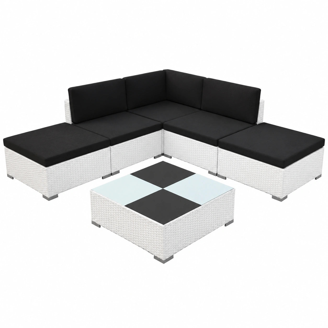 6-teiliges Gartenlounge-Set aus weißem Polyrattan, 70 cm Modulares Sofa für Balkone und Terrassen, Haltbares Material, Modernes Outdoor-Design