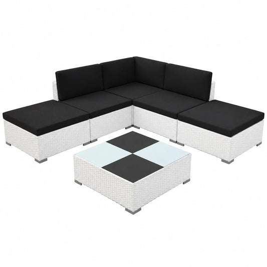 6-teiliges Gartenlounge-Set aus weißem Polyrattan, 70 cm Modulares Sofa für Balkone und Terrassen, Haltbares Material, Modernes Outdoor-Design