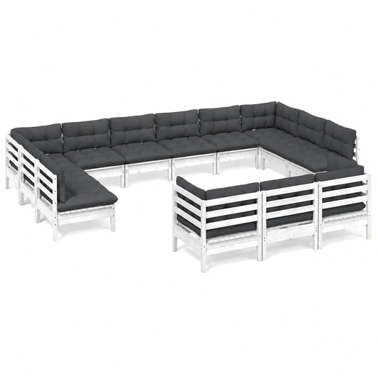 13-teiliges Garten-Lounge-Set aus Kiefernholz mit Kissen, modulare Terrassenmöbel in Weiß/Anthrazit