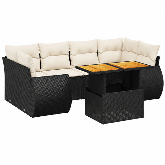 7-teiliges Gartenmöbel-Set Schwarz Poly-Rattan mit verstellbarem Tisch 100 x 55 cm, UV-beständige Lounge-Gruppe für Terrasse, Balkon und Wintergarten