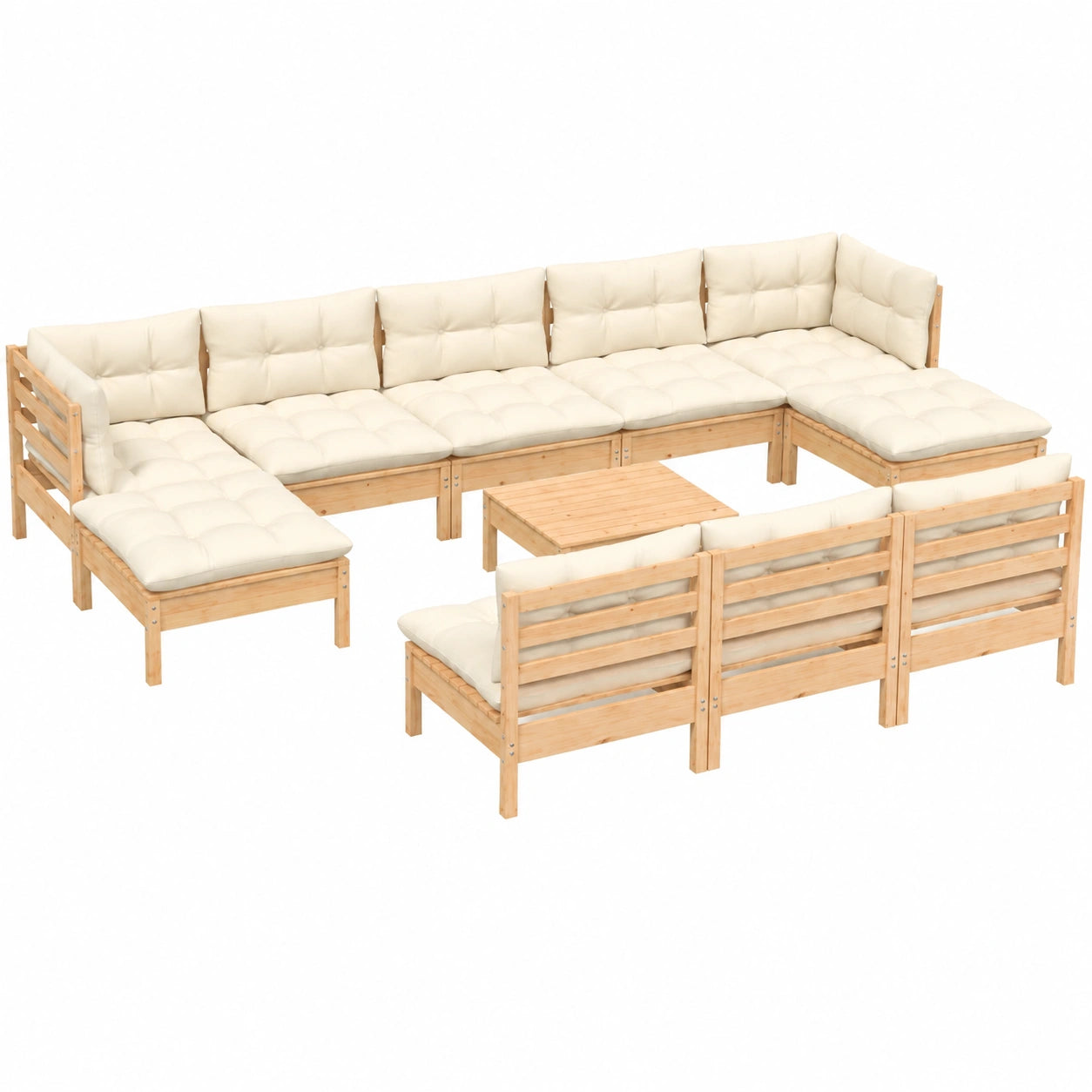 Gartenlounge-Set aus Kiefernholz in Cremeweiß, 11-teilig mit Kissen, Eckbank für Balkon und Terrasse