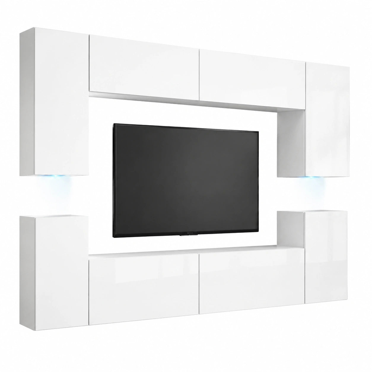 Moderne Wohnwand mit LED-Beleuchtung | Hängendes Wohnzimmermöbel Set in Weiß