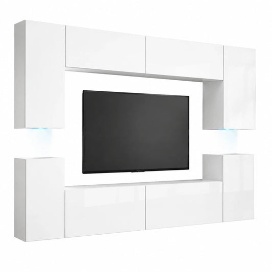 Moderne Wohnwand mit LED-Beleuchtung | Hängendes Wohnzimmermöbel Set in Weiß
