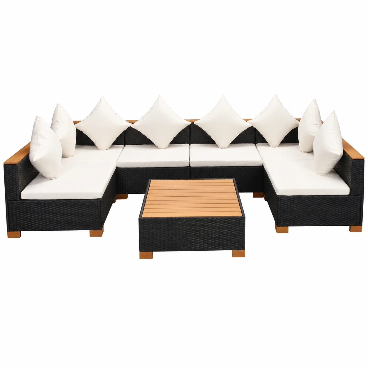 7-tlg. Garten-Lounge-Set aus Poly-Rattan mit Kissen, wetterfest, 278x139x57 cm, Schwarz/Braun, für Balkon und Terrasse