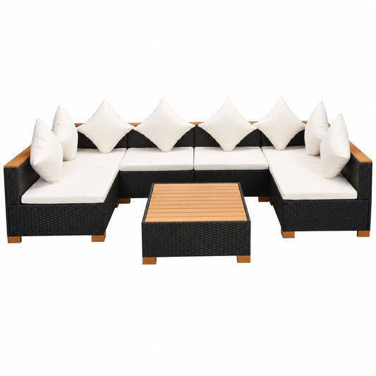7-tlg. Garten-Lounge-Set aus Poly-Rattan mit Kissen, wetterfest, 278x139x57 cm, Schwarz/Braun, für Balkon und Terrasse