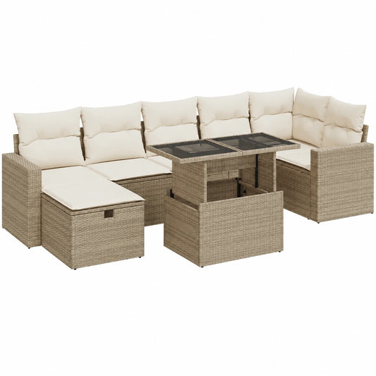Garten-Sofagarnitur 8-tlg. aus Poly-Rattan mit Tisch und Kissen, Beige
