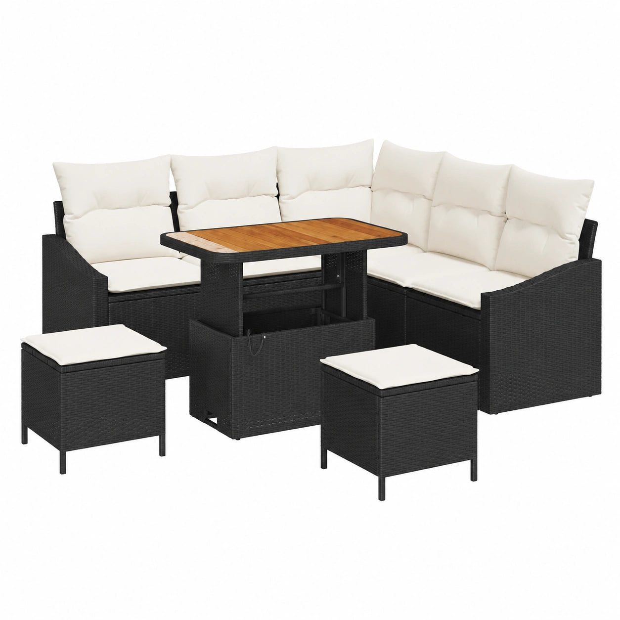 5-teiliges schwarzes Polyrattan-Gartenmöbelset mit Creme-Kissen, modularer Sofa- und Aufbewahrungsbank