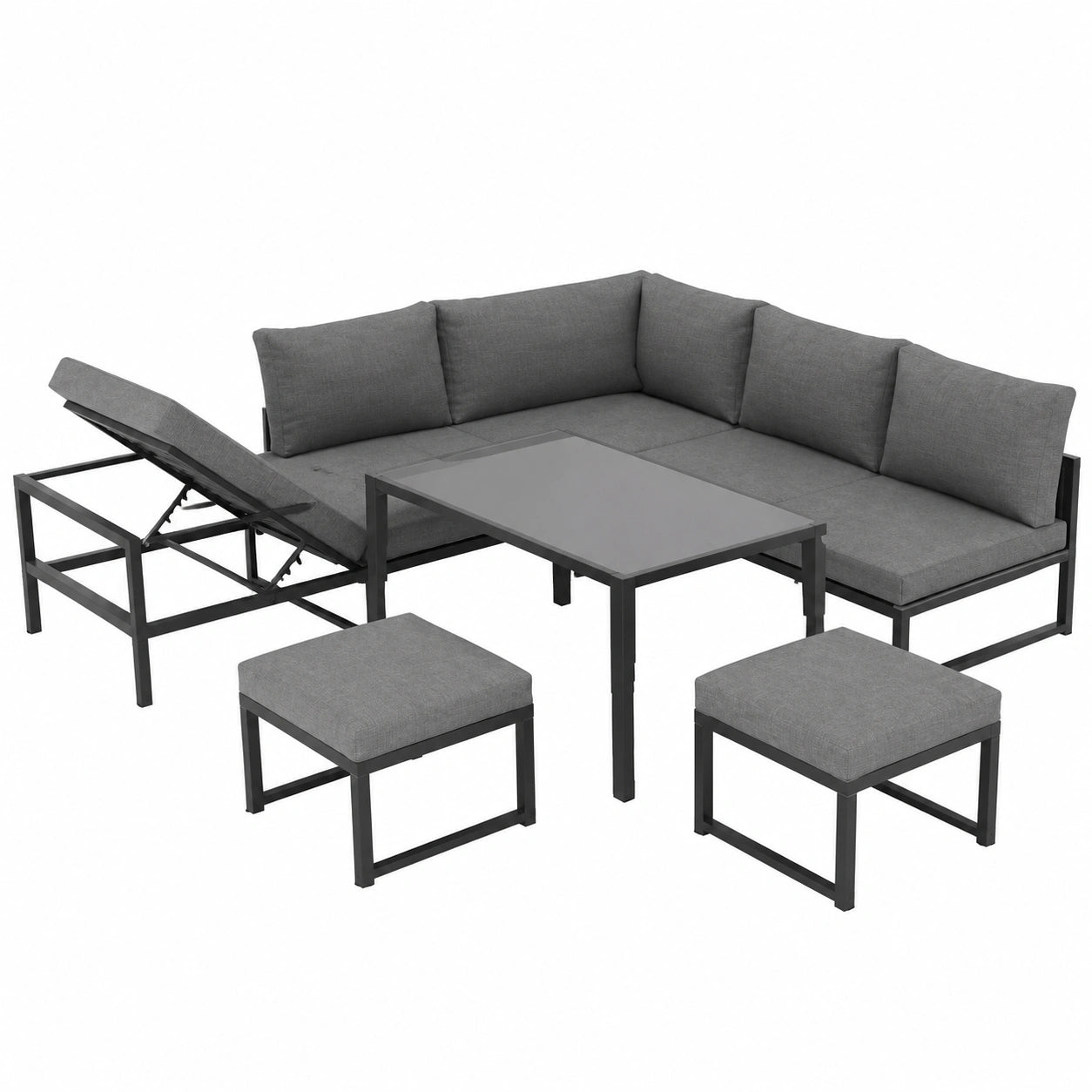 Outdoor Lounge-Set 5-teilig - Verstellbares Aluminium-Sofa mit Liege - Wetterfeste Sitzgruppe für Garten & Terrasse, Grau