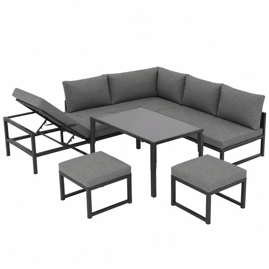 Outdoor Lounge-Set 5-teilig - Verstellbares Aluminium-Sofa mit Liege - Wetterfeste Sitzgruppe für Garten & Terrasse, Grau