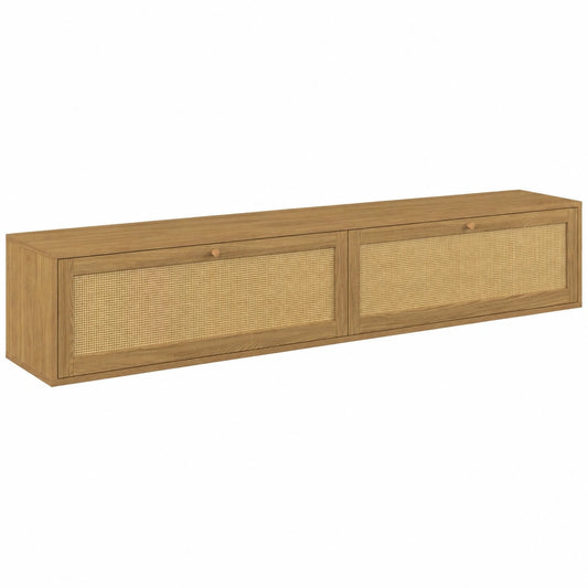 IDMarket - TV-Wandregal 180 cm HANAE mit 2 Türen und natürlichem Rattaneffekt