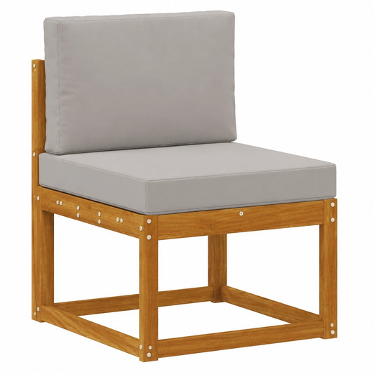 Robustes Gartenmodulsofa aus Akazienholz mit grauen Kissen