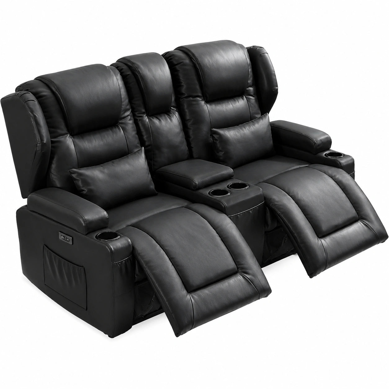 Elektrischer 2-Sitzer Relaxsessel aus Kunstleder mit Liegefunktion und LED-Beleuchtung, TV-Sofa mit USB, Type-C und Becherhalter, Schwarz