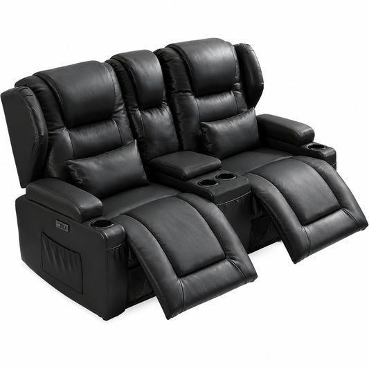 Elektrischer 2-Sitzer Relaxsessel aus Kunstleder mit Liegefunktion und LED-Beleuchtung, TV-Sofa mit USB, Type-C und Becherhalter, Schwarz