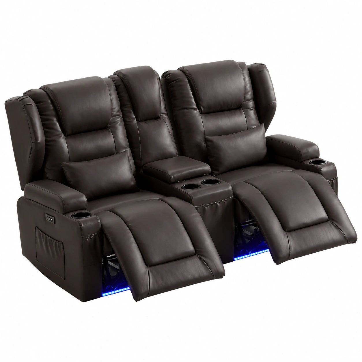 Bequemer Kunstleder 2-Sitzer Relaxsessel mit Liegefunktion, Elektrisch verstellbarer TV-Sessel mit Becherhalter und USB, LED, Taschen, Typ-C, in Braun