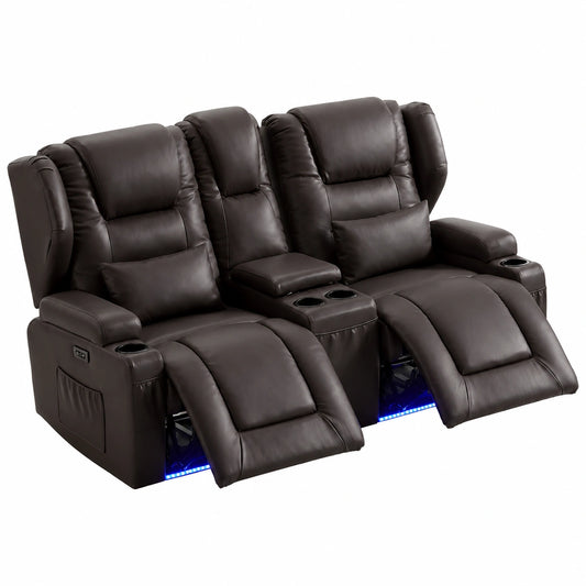 Bequemer Kunstleder 2-Sitzer Relaxsessel mit Liegefunktion, Elektrisch verstellbarer TV-Sessel mit Becherhalter und USB, LED, Taschen, Typ-C, in Braun