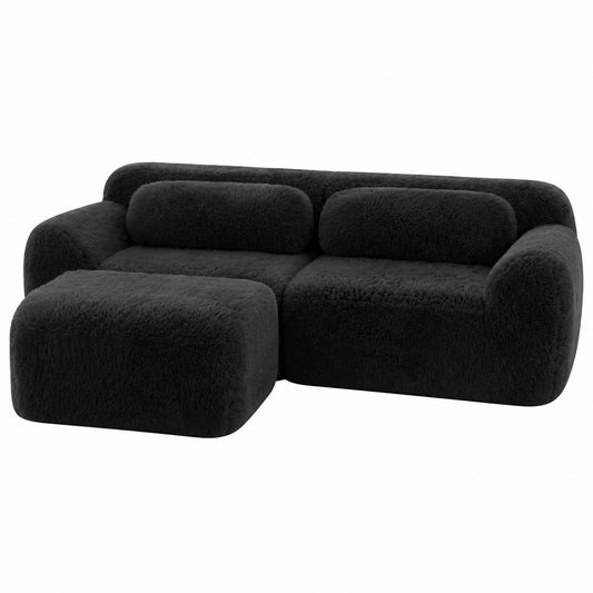 Modulares Ecksofa 2-Sitzer mit Ottomane in Schwarz Plüsch für Wohnzimmer
